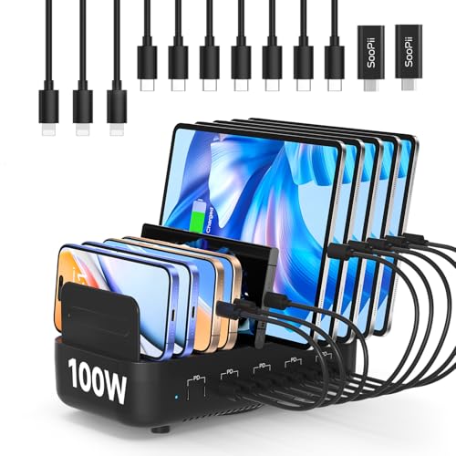 SooPii 100W 10-Port USB-Ladestation mit 10 USB-C-Anschlüssen Unterstützt PD-Schnellladen und ist kompatibel mit Phone lPad Galaxy und Anderen Geräten inklusive 10 Gemischter Ladekabel. (Schwarz)