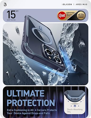 Image of i-Blason AresMag for iPhone Pro Max Case with Built-in Screen Protector, Clear Full-Body Anti-Slip Shockproof Rugged Bumper Case Compatible with MagSafe (Navy)