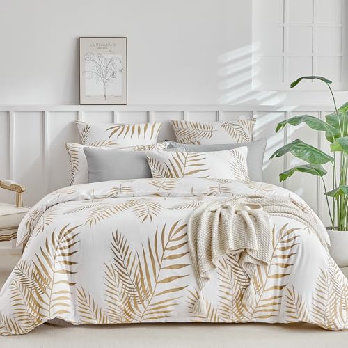Lekesky King Duvet Cover Set, White and Gold Tropical...