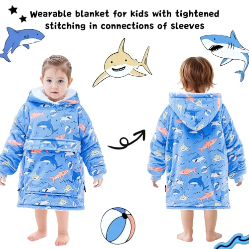 yescool Glow in The Dark Wearable Blanket Hoodie for Kids Toddlers 2-6YR Old Gifts, Oversized Blanket Sweatshirt with Sherpa for Christmas Thanksgiving Birthday Gifts, One Size, Shark