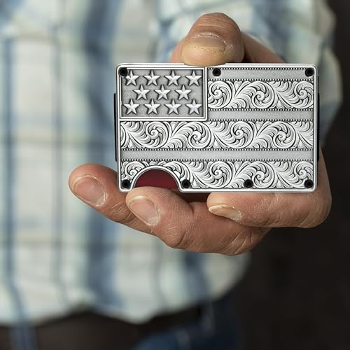 Image of American Flag Wallet Flourish Engraved Silver Metal Cardholder /WITH REMOVABLE Money Clip for Men with RFID Blocking - Slim, Stylish, and Secure Credit Card Holder