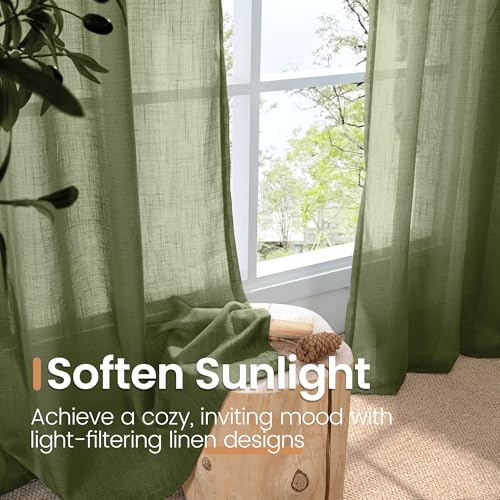 Image of BGment Green Linen Curtains 48 Inches Long for Short Bedroom - Semi Sheer Light Filtering Window Drapes with Rod Pocket Textured Lightweight for Dining Living Room, 2 Panels Set, Each 42 Inch Wide