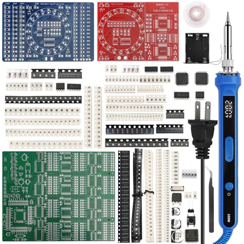 100W Digital SMD/SMT Soldering Practice Kit for Beginners, 3 PCB Training Boards, 180–520°C Temp Control, Auto Sleep, 1206/0805/0603/0402 Training, QFP44 & SOP-14 IC Practice