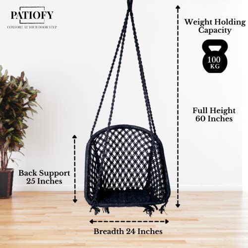 Patiofy Swing for Adults & Kids/Swing for Balcony/Swing Chair for Adults for Home/Cotton D Shape Wooden Swing/Jhula Swing for Indoor Outdoor Garden/Includes Hanging Kit & Silver Cushion-Black