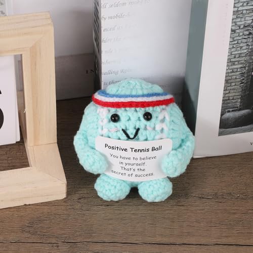 Image of TOYMIS Positive Tennis Ball, Adorable Handmade Knitted Positive Tennis Ball with Encouragement Card Funny Crochet Inspirational Doll for Party Favor & Office Home Decor