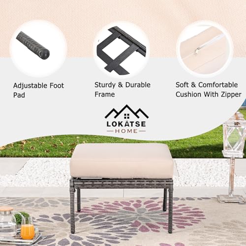 Image of LOKATSE HOME 2 Piece Outdoor Footstool Patio Ottoman Rattan Small Seat Wicker Furniture with Thick Cushion for Garden Yard Deck Poolside