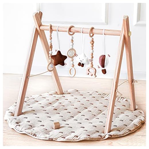 Wooden Baby Play Gym with Mat, Foldable Baby Play Gym Frame Activity Gym Hanging Bar with 6 Gym Baby Toys Rainbow Playmats for Newborn Baby (Natural)