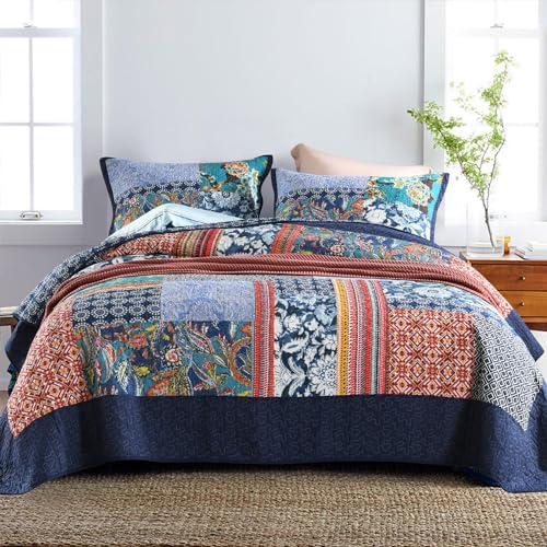 Secgo Queen Comforter Set for Bed - 100% Cotton Quilts Queen Size, Navy, Bohemia Bedspreads (90 * 98 Inch) with 2 Pillow Shams, Patchwork Reversible Lightweight Bedding