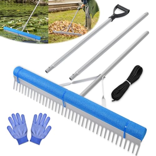 Floating Lake Rake Leaf Collector for Gardening 36 Aluminum Landscape Rake with Adjustable Handle 33FT Rope & Float Weed Algae Removal Multifunctional Detachable Aquatic Weed Rakes