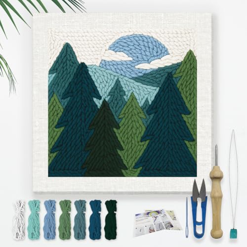 DOODLREAM Kit de bordado de aguja de perforación de bosque de pinos para principiantes, 24 cm, juego de costura para principiantes con marco, patrón de tela, enhebrador, hilo, aguja de perforación