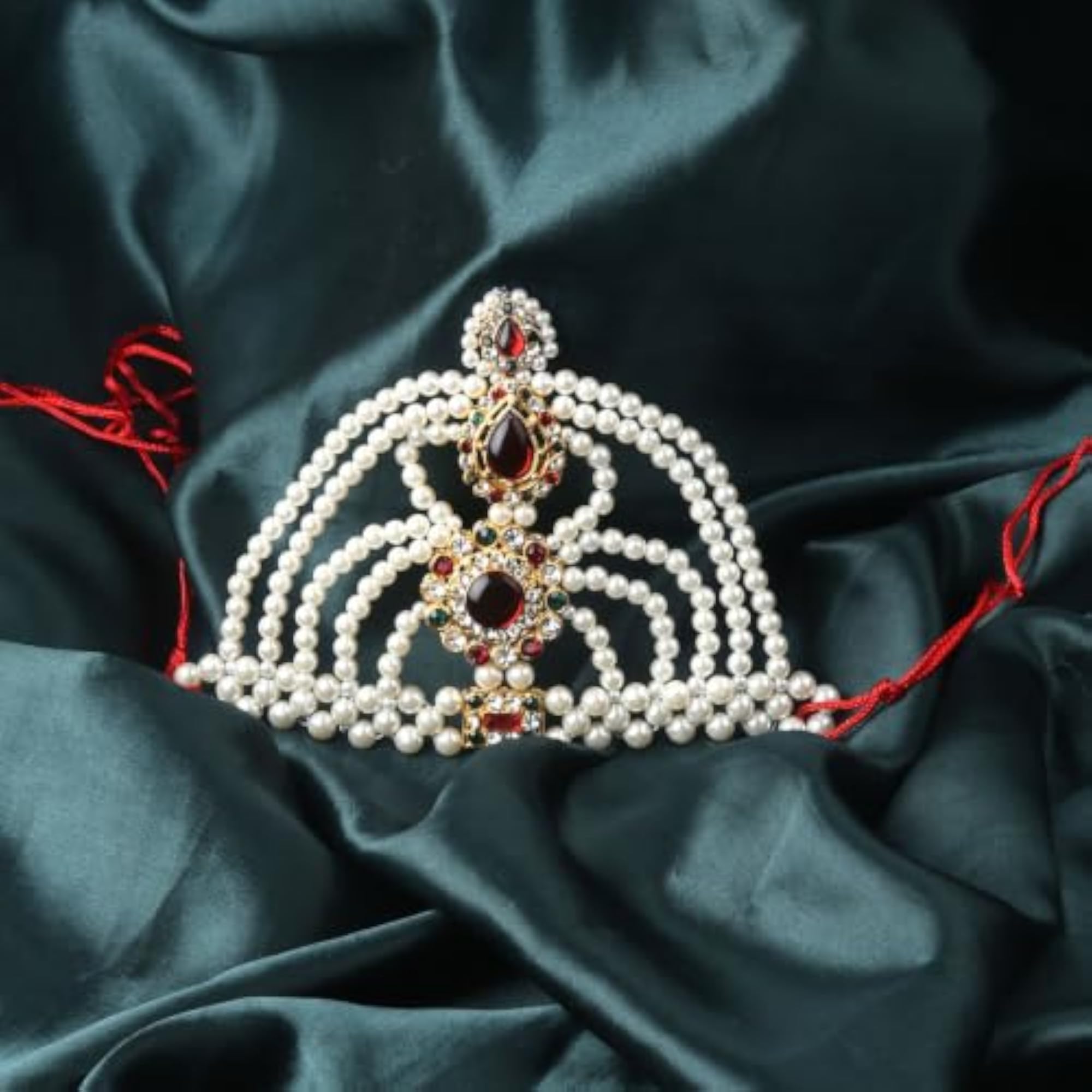 Dazzling Floral Drop Mukut Crown with Red & Green Stones and Pearls, Adjustable