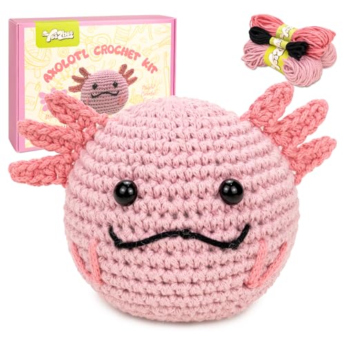 Yeezhee Crochet Kit for Beginners β Complete Amigurumi Animal Starter Set with Step-by-Step Video Tutorials, Yarn & Crochet Hook β Easy DIY Plushie Gift for Adults & Kids (Axolotlr)