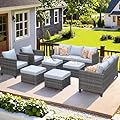 ovios Patio Furniture Set, 8 Pieces Outdoor Wicker Sofa Couch with Chairs, Ottomans and Comfy Cushions, All Weather High Back Rattan Conversation Set, Grey
