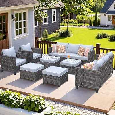 ovios Patio Furniture Set, 8 Pieces Outdoor Wicker Sofa Couch with Chairs, Ottomans and Comfy Cushions, All Weather High Back Rattan Conversation Set, Grey