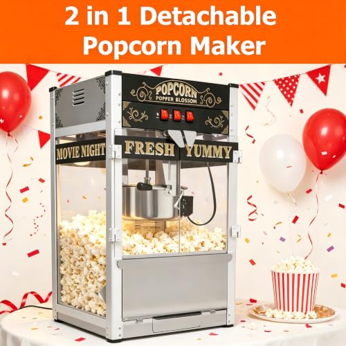 Image of 28Oz Commercial Popcorn Machine With Wheels - Stainless Steel Kettle Vintage-Style Popper Cart On Wheels With Tempered Glass Pop-corn Machine Maker For Home, Parties, Movie Theater (Black, 28oz) | 28OZ Stainless Steel Kettle, Tempered Glass Professional Pop Corn Maker, Large Capacity for Hallloween, Wedding Party, Office
