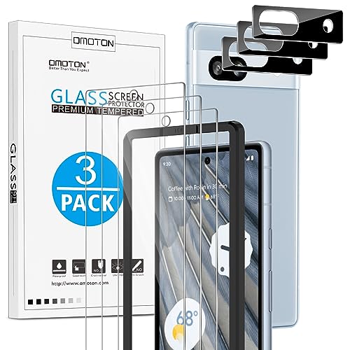 OMOTON Screen Protector for Google Pixel 7A 5G 3 Pack Tempered Glass & Camera Lens Protector Alignment Frame/Anti Scratch 6.1 Inch