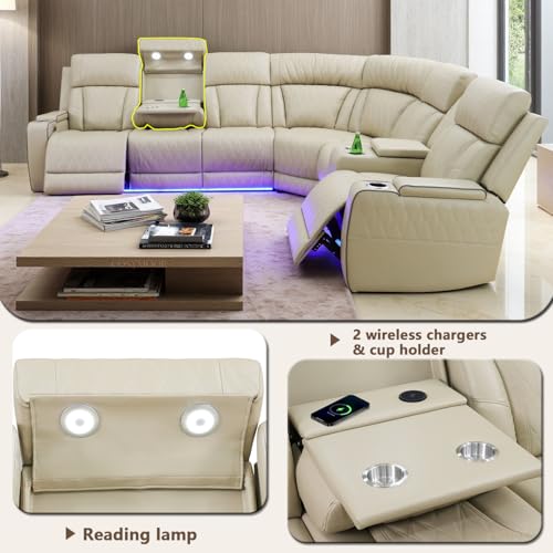 Image of Leather Power Reclining Sectional Sofa Set with LED, Leather Sectional Recliner Couch Set with 5 Recliner Seats,Modular Sofa with USB Port,Cup Holder,Storage for Living Room Furniture