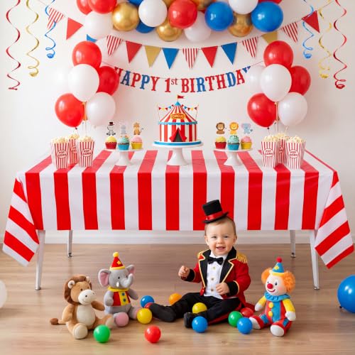 Image of NatNarr 3 Pack Red Striped Tablecloths, 54 x 108Inch Red and White Striped Tablecloth Carnival Circus Table Cloth, Disposable Waterproof Table Cover for Movie Night Birthday Picnic Holiday