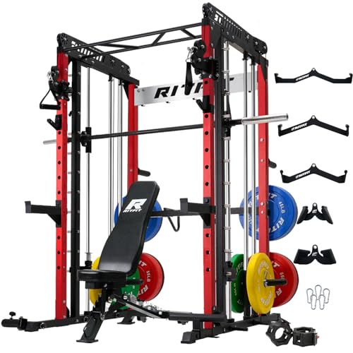 RitFit M1 Multi-function Smith Machine for Home Gym, 1500 LBS Capacity Power Cage with Cable Crossover System, Squat Rack Power Rack and Packages with Olympic Barbell Weight Set, Weight Bench and More