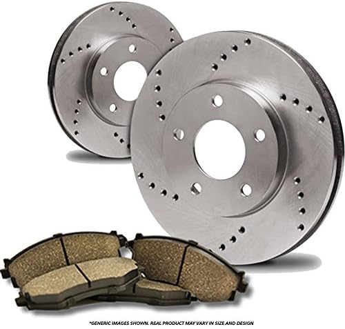 (Front Kit)(Heavy Tough-Series) 2 Cross-Drilled Disc Brake Rotors + 4 Ceramic Pads(Fits:- 5lug)