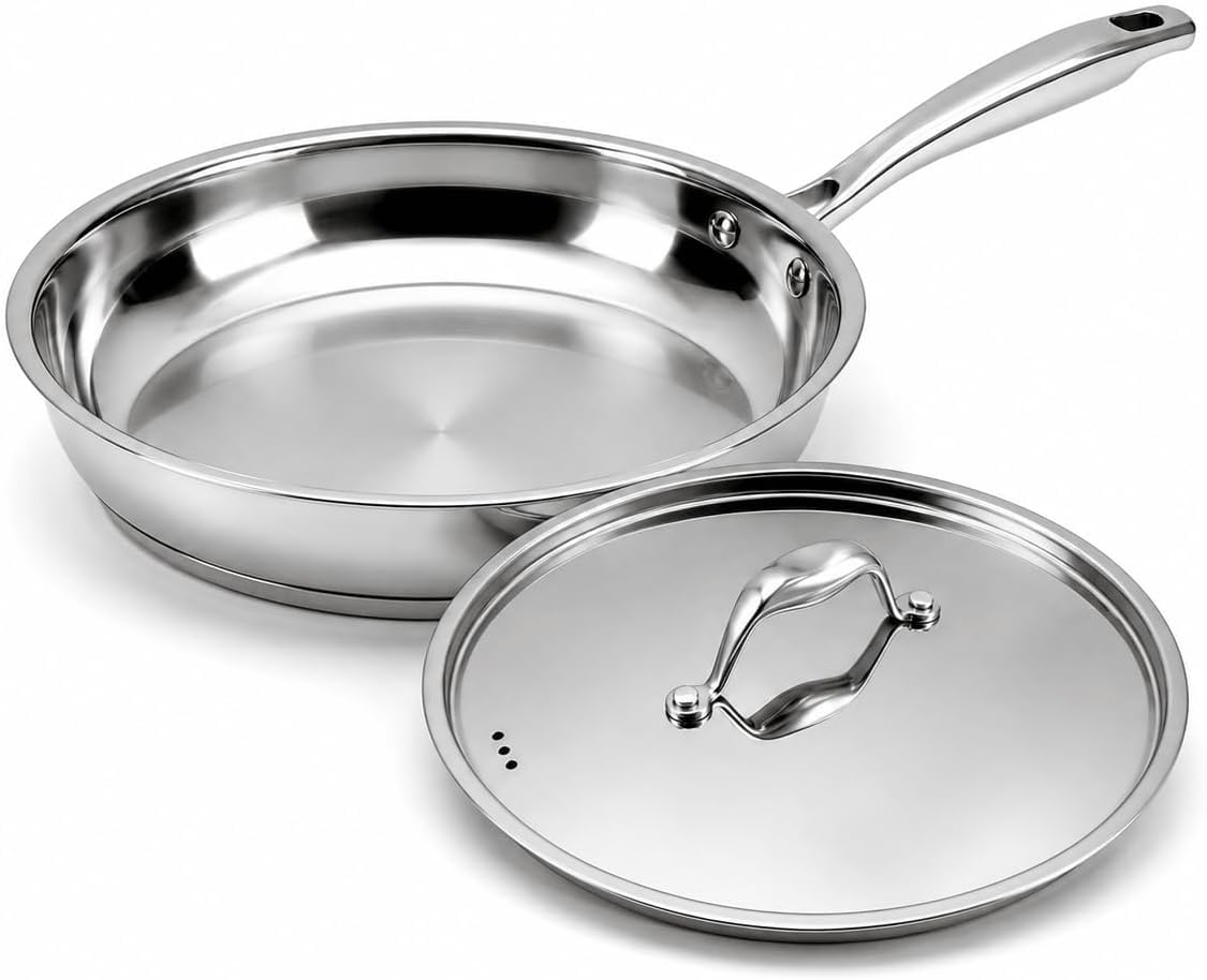 Padella in acciaio inox non rivestita, 28 cm, con coperchio in acciaio inox
