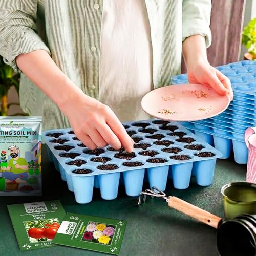 Image of Anandi Green's Reusable Seedling Tray 49 Cavity 1MM Thick Durable Plastic Germination Trays with Drainage Holes Ideal for Seed Starting, Greenhouse, and Indoor Gardening Blue Color Pack of 5