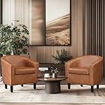 Yaheetech Brown Accent Chairs Set of 2, Faux Leather Barrel Chairs, Comfy Modern Leather Club Armchairs with Soft Seat for Living Room Bedroom Reading Waiting Room, Brown - Image 4