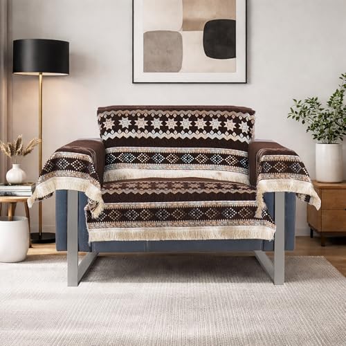 Image of Elegant Woven Brown Sofa Cover Soft Chenille Traditional Pattern with Lace Style | L-Shape Sectional Seat Protector for Living Room | Durable & Stylish Slipcover 1 Seater with Arms