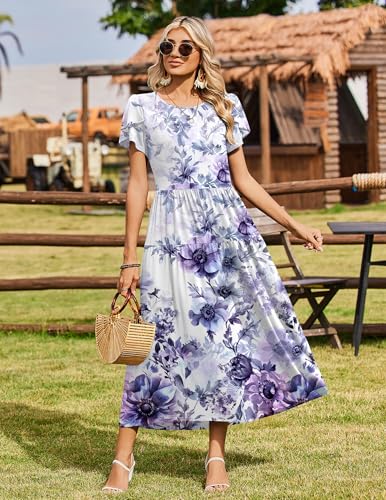 Image of Zeagoo Summer Dresses for Women 2026 Maxi Bohemian Floral Short Sleeve Long Dress Casual Flowy Tired Beach Sundress