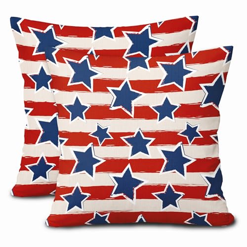 aportt 4th of July Patriotic Pillow Covers 18X18 Inch Set of 2 Red Stripes American Blue Stars Decorative Pillow Cases Memorial Independence Day Cushion Case Vintage Home Decor for Sofa Couch Outdoor