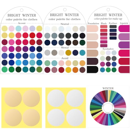 Ultimate 12 Season Personal Color Palette Cards Set,3 Pack Portable Color Template Guide for Clothes & Makeup with Bonus Color Analysis Guide and Bead Ball Chains(Bright Winter)