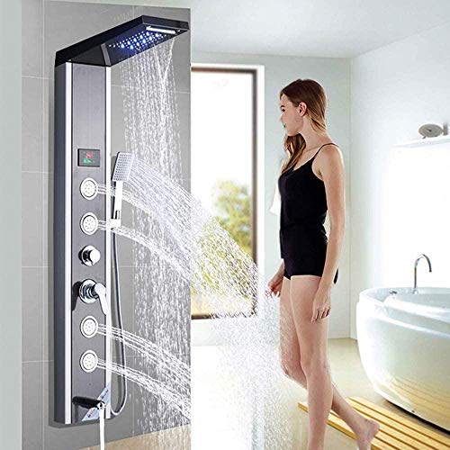 Columna de Ducha LED con Panel de Chorro Cascada, Lluvia y Pantalla de Temperatura, con Duchador de Mano y Jets de Hidromasaje, Acabado Cromado, Negro