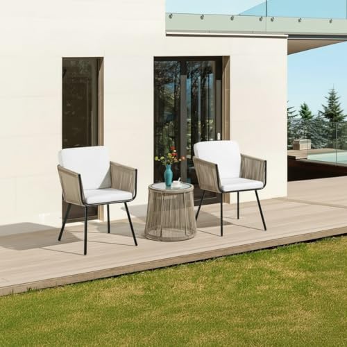 Image of LOCCUS 3 Pieces Patio Furniture Set Outdoor All Weather Woven Rope Conversation Bistro Set Hand-Woven Rope Chairs with Glass Top Coffee Table Set for Backyard (Beige and Off-White)
