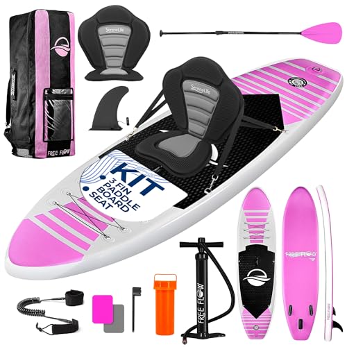 SereneLife 10’5” Inflatable Stand Up Paddle Board and Detachable Seat – Free Flow SUP Paddleboard Set for Adults, Non-Slip EVA Deck Pad, Marine-Grade Build, 30