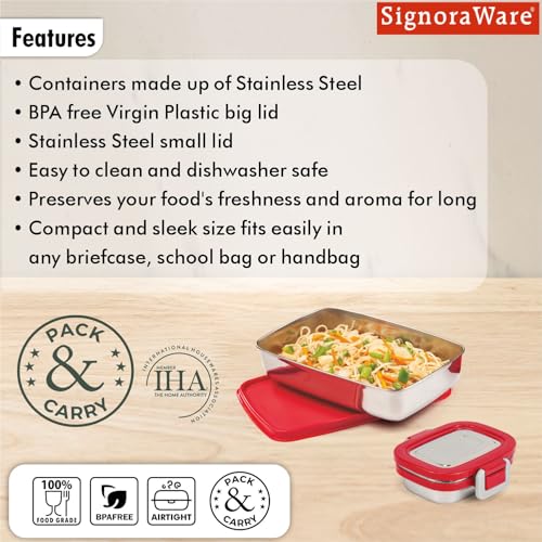 Image of SignoraWare Munch Mate Stainless Steel Lunch Box | Airtight & Leakproof | Durable & Compact | Easy to Carry | Ideal Tiffin for Office, School & Travel (850ml + 160ml | Red)