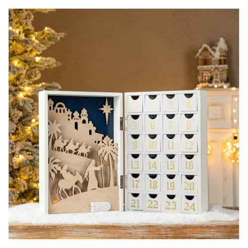 Image of Glitzhome 17"L Wooden Christmas Advent Calendar Book with LED lighting, Christmas Countdown with 24 Drawers, Festive Holiday Decoration, Nativity Scene