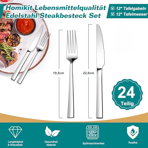 Homikit Steakbesteck Set, 24-teilig Edelstahl Steakmesser und Steakgabel, Steakbesteck Set für 12 Personen, Silber Besteckset mit Quadrat Griff für Haus Restaurant Hotel, Rostfreie & Spülmaschinenfest