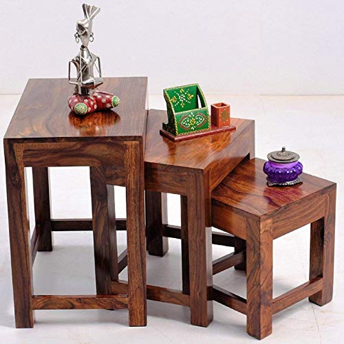 Image of Wooden Sheesham Wood Nesting Table Set of 3 Stools for Living Room | Side Table for Home & Kitchen, Living Room | Honey Finish