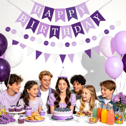 Image of Purple Happy Birthday Banner Hanging Sign Circle Dot Triangle Bunting