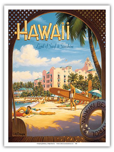 Hawaii, Land of Surf & Sunshine - Waikiki Beach - Royal Hawaiian Hotel - Vintage Hawaiian Travel Poster by Kerne Erickson - Master Art Print 9in x 12in