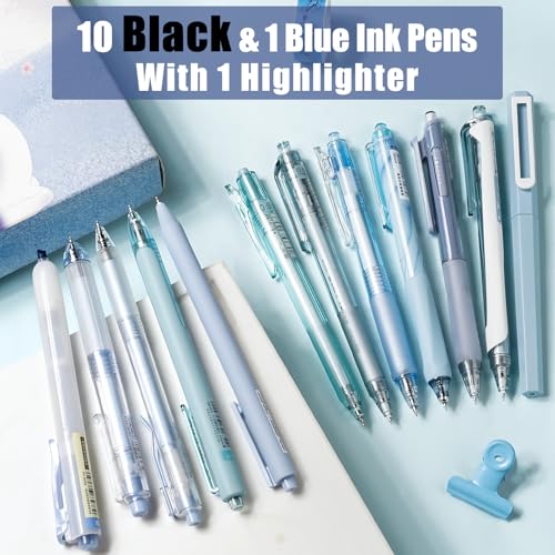 Image of Four Candies 12Pack Pastel Gel Ink Pen Set, 11 Pack Black Ink Pens with 1Pack Highlighter for Writing, Retractable 0.5mm Fine Point Cute Note Taking Pens for School Office (Blue)