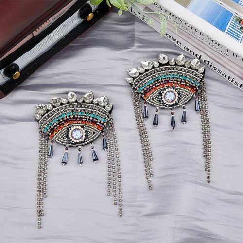 Image of SUPERFINDINGS 2Pcs Evil Eye Shoulder Epaulet with Tassel Detachable Ethnic Style Tassel Epaulette Pin Badge Shoulder Insignia with Felt Rhinestone for Man Woman Leather Jacket Windbreaker Coat