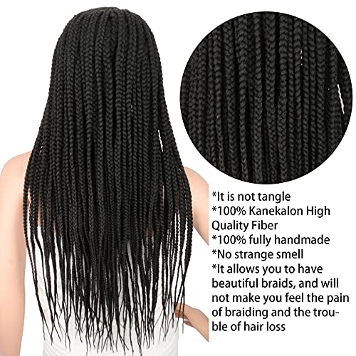 Kalyss 28" Hand-Braided 13X6 Lace Frontal Side Part Twist Braids Wigs With Baby Hair For Black Women 100% Kanekalon Black Synthetic Lightweight Hand-Tied Lace Front Box Braided Wig #TOP3
