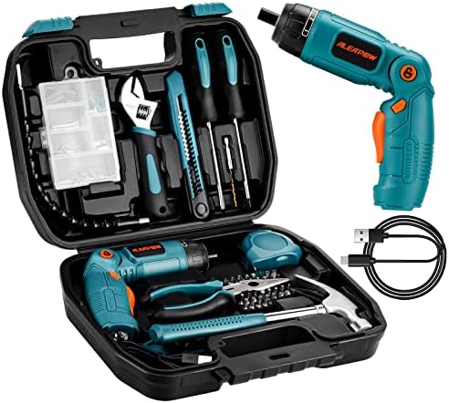 ALEAPOW 124PCS 4V Cordless Screwdriver Tool Kit Set, 6+1 Torque Setting, Adjustable 3 Position, 4Nm Electric Screwdriver, Flexible Shaft, Hand Tool Kit for Home with Storage Toolbox