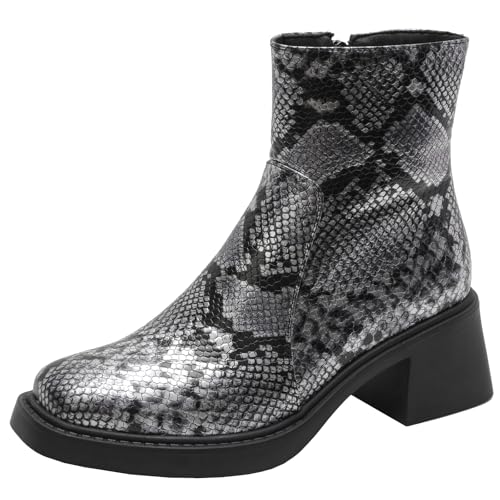 BULVJ Modische Damen Stiefeletten mit Animal-Print Stiefeletten mit Blockabsatz und Reißverschluss