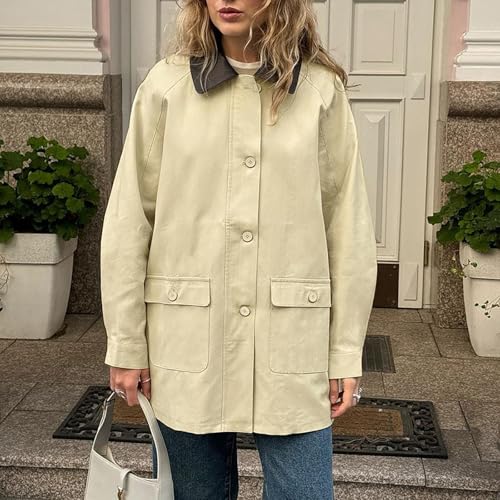 Women's Lapel Oversized Patchwork Cargo Jacket Fashion Contrast Color Loose Zip Button Coat with Big Pocket3