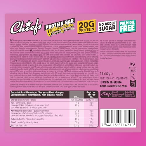 Chiefs High Protein Riegel - 20g Protein, der köstliche Snack ohne Zuckerzusatz - 12x55g Eiweißriegel ohne Palmöl - Birthday Cake Geschmack 5
