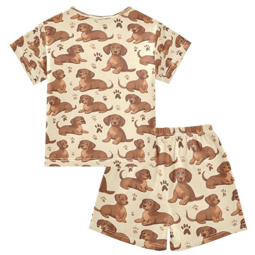 ALAZA Dachshund Dog Paw Print Pajamas Set Short Sleeve Cotton Sleepwear Summer Pjs 2 Piece 5-14Y2