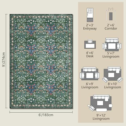 Image of Washable Dark Green 6x9 Oriental Style Area Rug for Dining Room Under Table & Living Room, Low Pile Non-Slip Stain Resistant Carpet for Bedroom