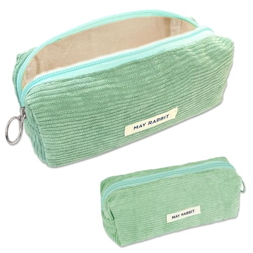 Topfunyy Cute Pencil Case Green Corduroy Student Large Pen Pouch Bag Cosmetic Bag Office Stationery Organizer for Teenage Boys Girls
